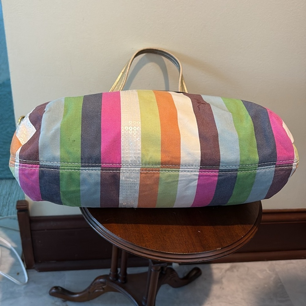 Coach  19026 poppy striped bag tote Crossbody/rhinestone chain add  gold leather - Picture 10 of 17